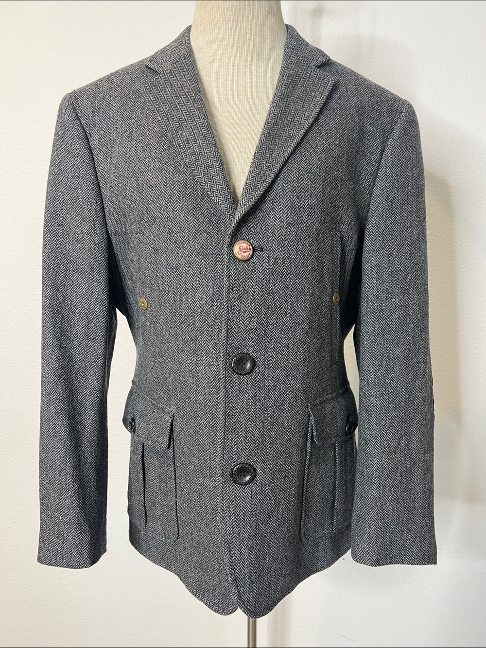Sisley Gray Herringbone Blazer Suitcoat with Elbow Patches